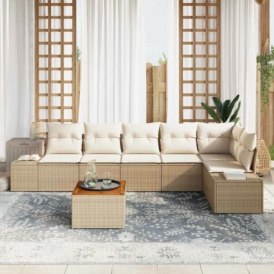 Ensemble de canapé de jardin avec coussin 7 pcs Beige polyrotin - 3