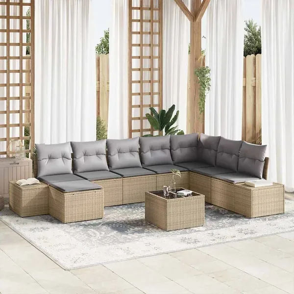 Ensemble de canapé de jardin avec coussin 9 pcs Beige polyrotin