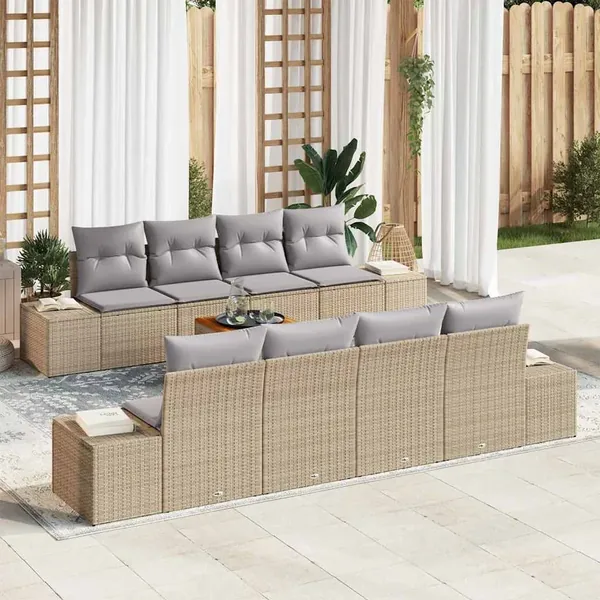 Ensemble de canapé de jardin avec coussin 9 pcs Beige polyrotin