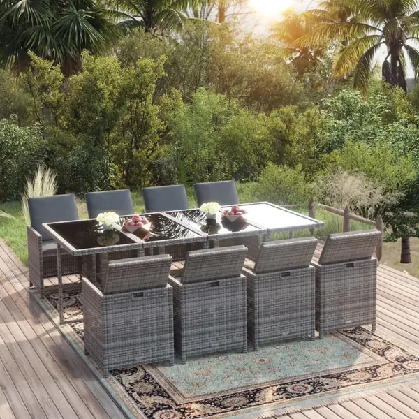 Ensemble à manger de jardin coussins 9pcs Résine tressée Gris