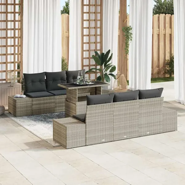 Ensemble de Canapés avec coussin 7 pcs Gris clair polyrotin