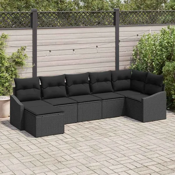 Ensemble de Canapés avec coussin 7 pcs Noir polyrotin