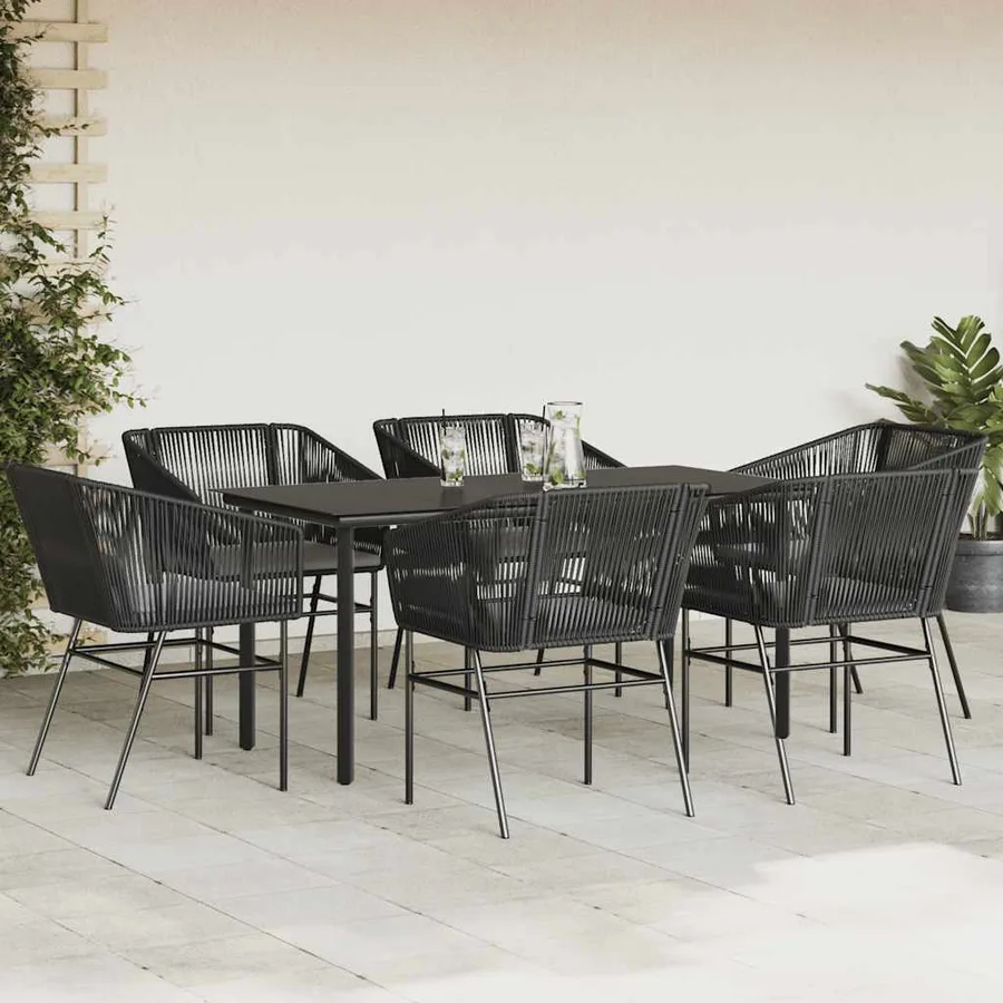 Ensemble à manger de jardin coussins 7pcs noir poly rotin verre - 3