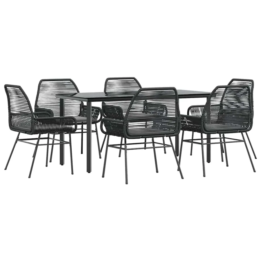 Ensemble à manger de jardin coussins 7pcs noir poly rotin verre - 2