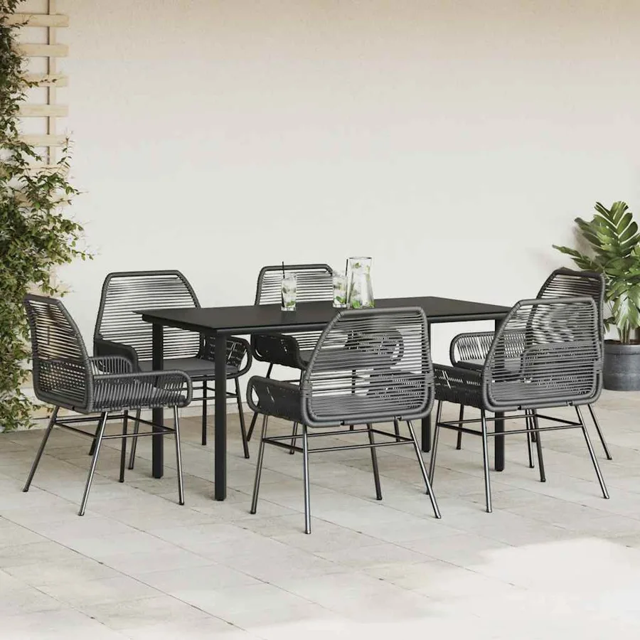Ensemble à manger de jardin coussins 7pcs noir poly rotin verre - 3