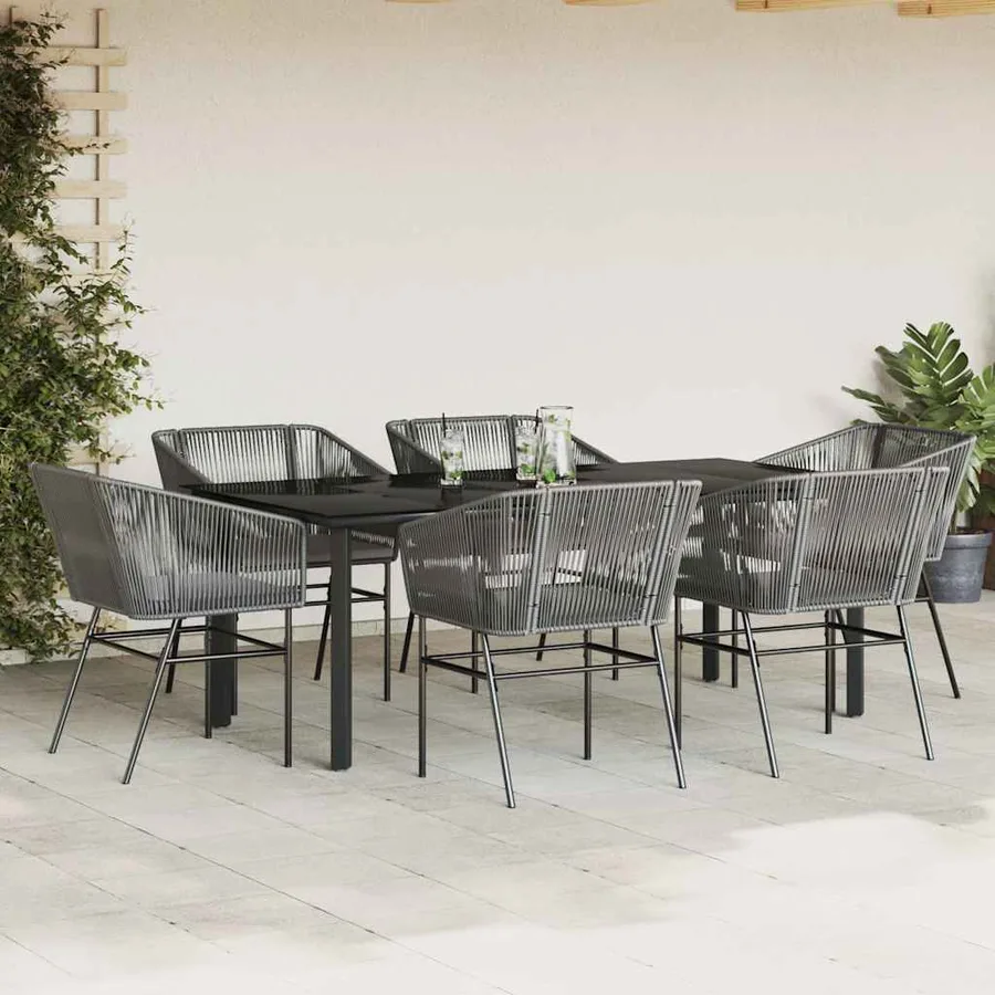 Ensemble à manger jardin coussins 7 pcs gris poly rotin verre - 3