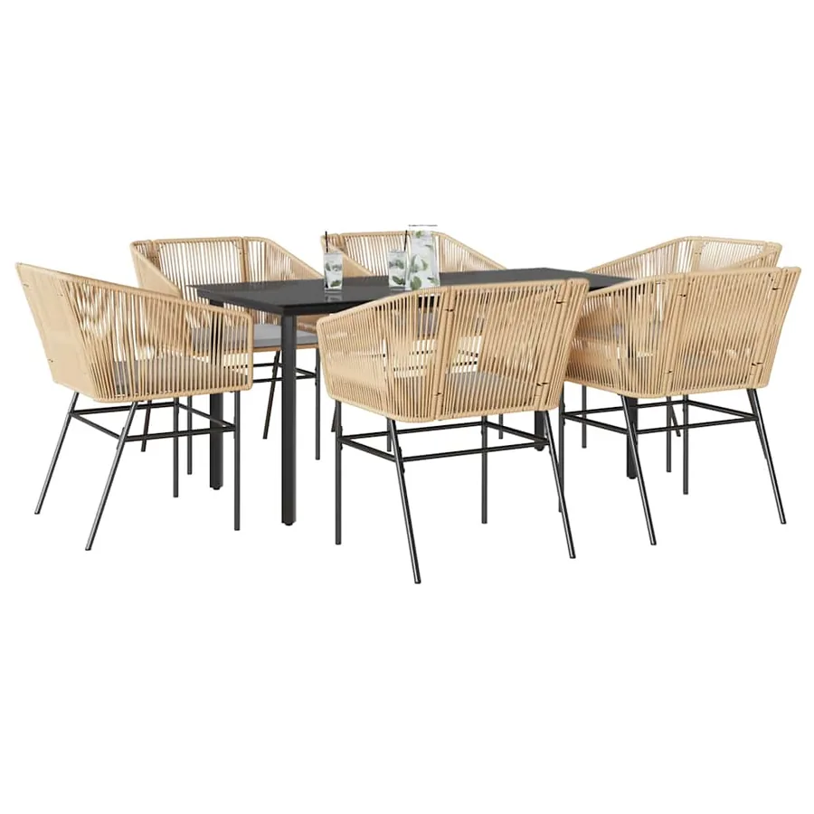 Ensemble à manger jardin coussins 7pcs marron poly rotin verre