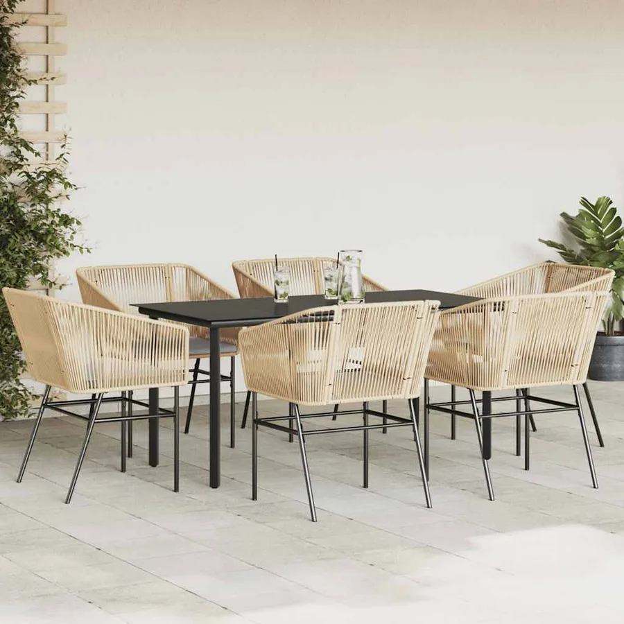 Ensemble à manger jardin coussins 7pcs marron poly rotin verre - 3