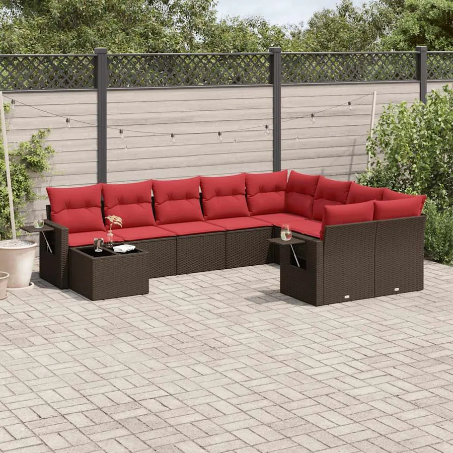 Ensemble de canapé de jardin 10 pcs avec coussins marron résine tressée