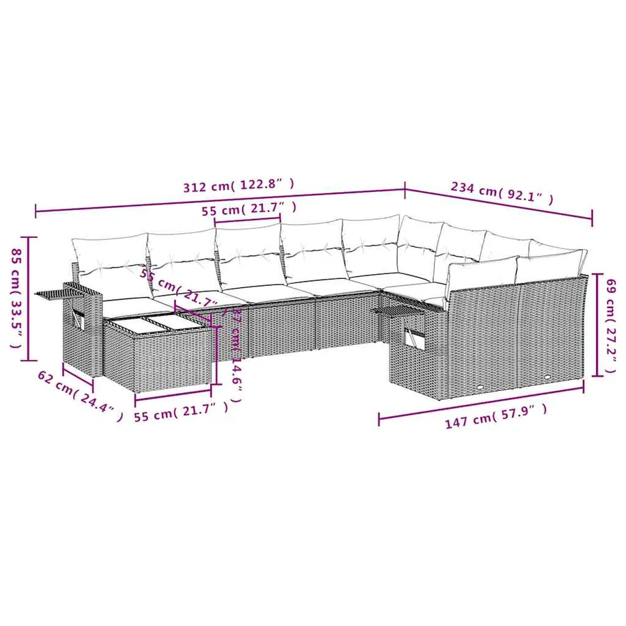 Ensemble de canapé de jardin 10 pcs avec coussins marron résine tressée - 9