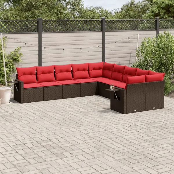 Ensemble de canapé de jardin 10 pcs avec coussins marron résine tressée