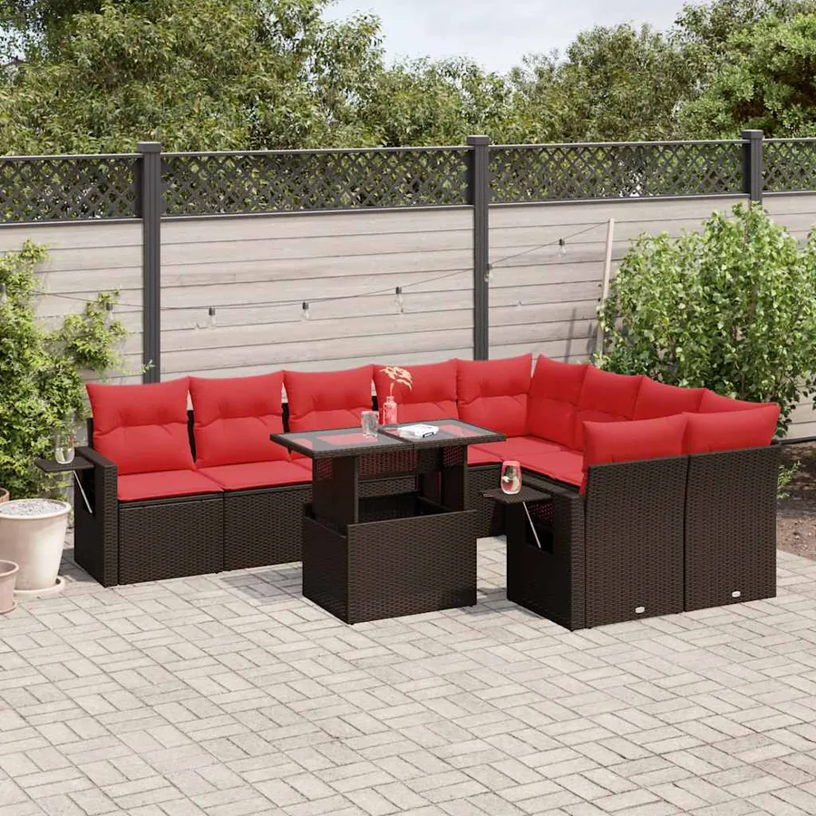 Ensemble de canapé de jardin 10 pcs avec coussins marron résine tressée