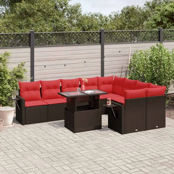 Ensemble de canapé de jardin 10 pcs avec coussins marron résine tressée