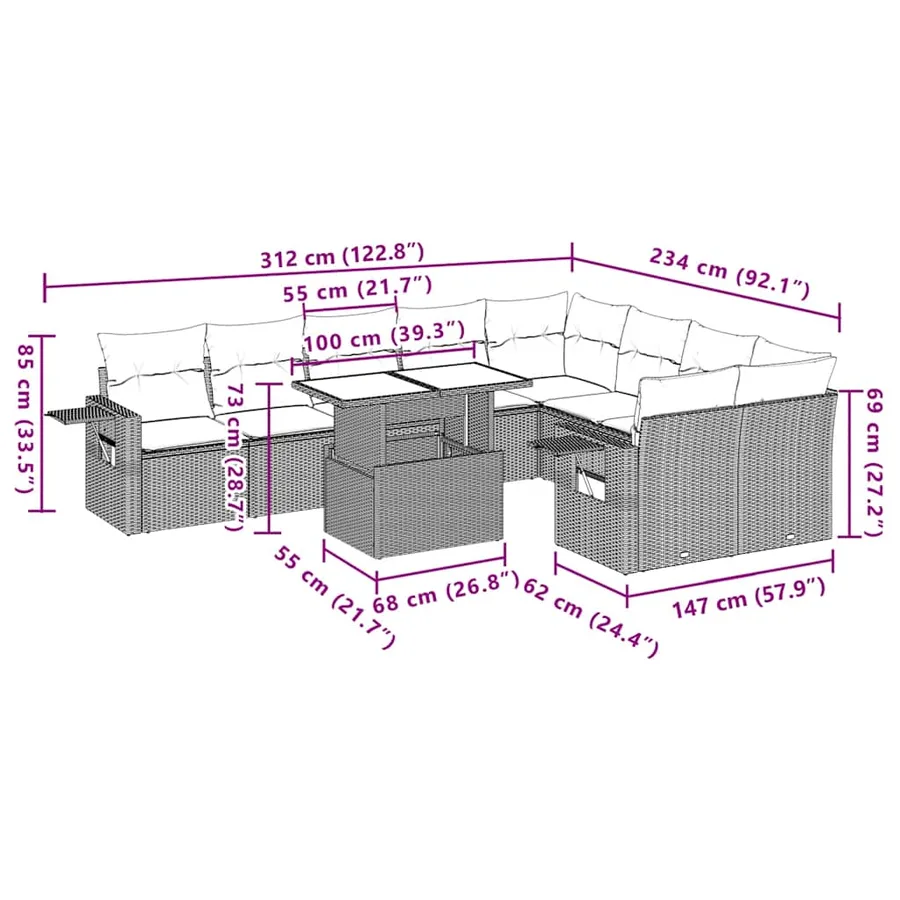 Ensemble de canapé de jardin 10 pcs avec coussins marron résine tressée - 11