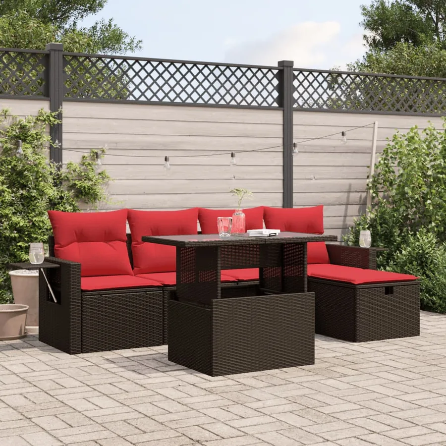 Ensemble de canapé de jardin 6 pcs avec coussins marron résine tressée
