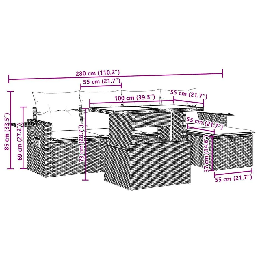 Ensemble de canapé de jardin 6 pcs avec coussins marron résine tressée - 13