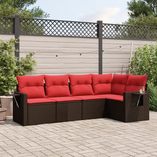 Ensemble de canapé de jardin 5 pcs avec coussins marron résine tressée