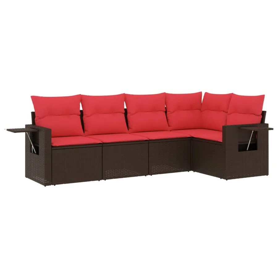Ensemble de canapé de jardin 5 pcs avec coussins marron résine tressée - 2