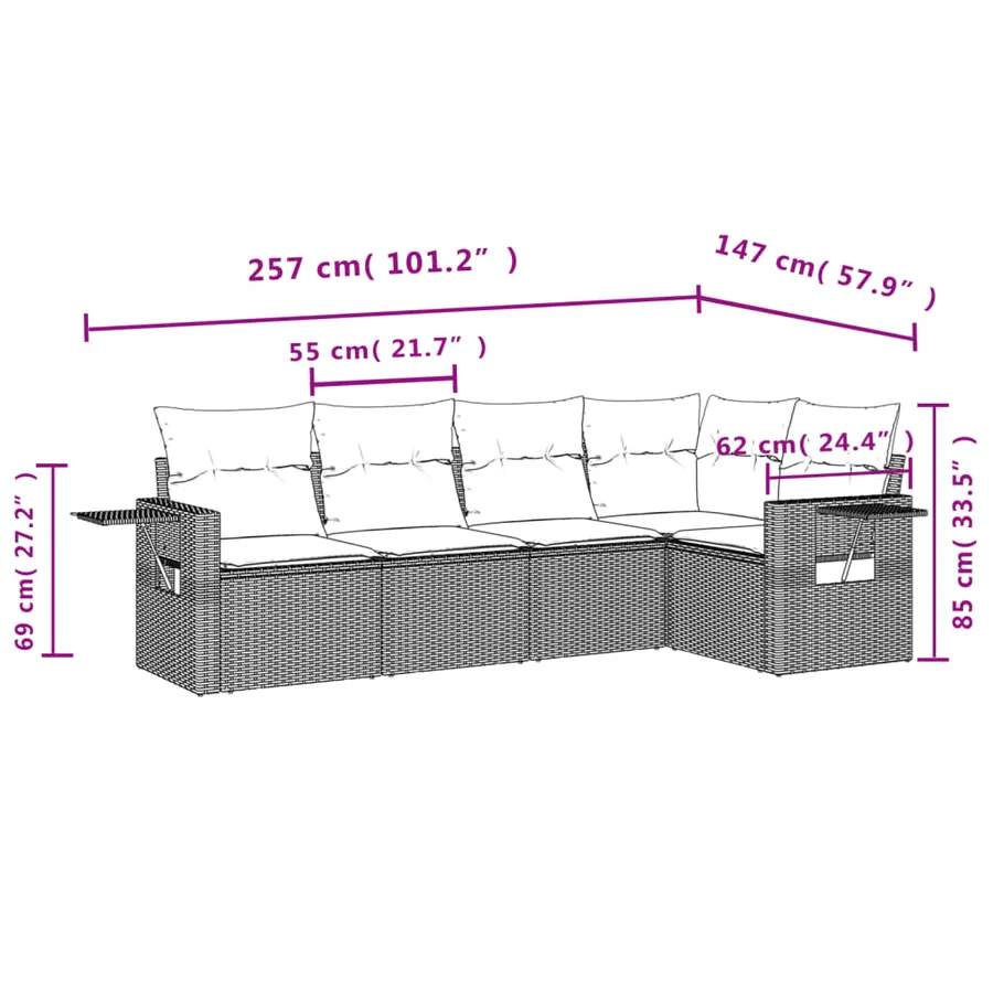 Ensemble de canapé de jardin 5 pcs avec coussins marron résine tressée - 8
