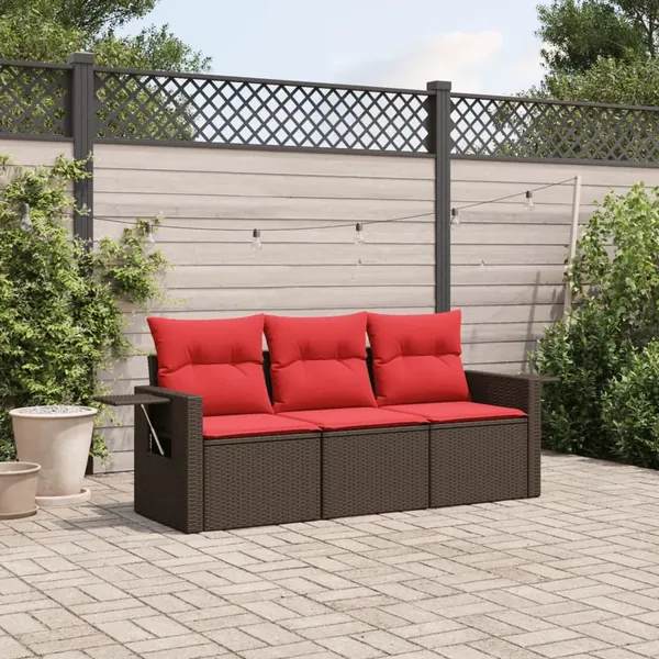 Ensemble de canapé de jardin 3 pcs avec coussins marron résine tressée
