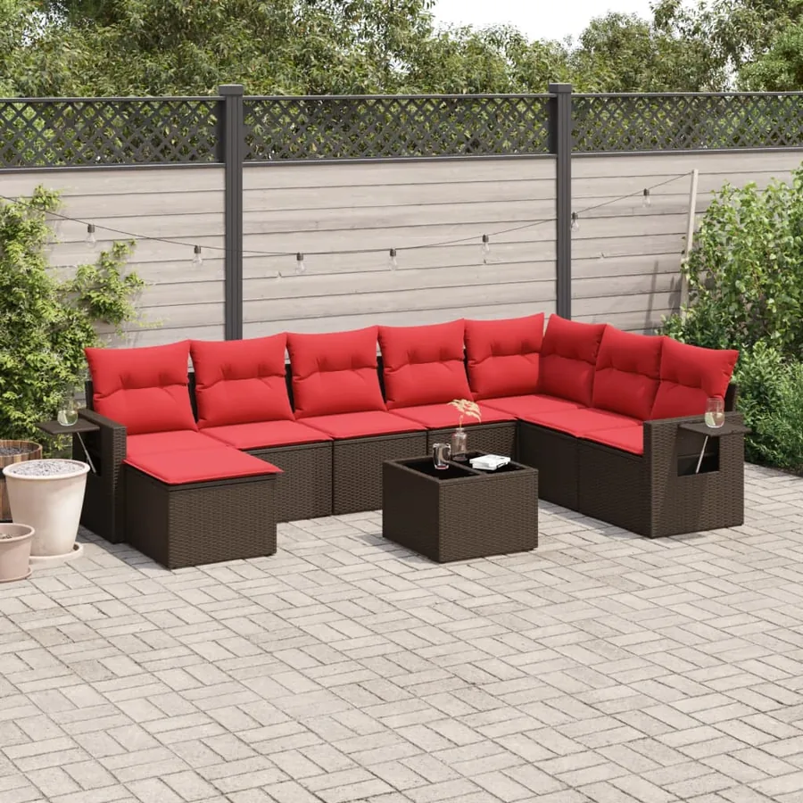 Ensemble de canapé de jardin 9 pcs avec coussins marron résine tressée