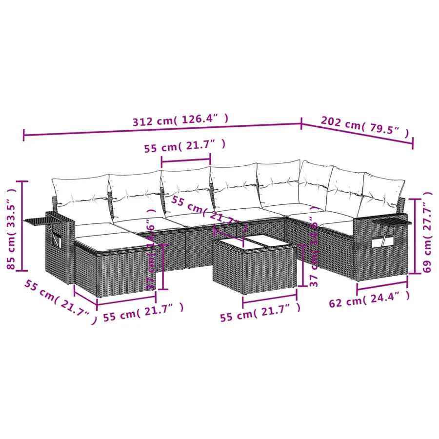 Ensemble de canapé de jardin 9 pcs avec coussins marron résine tressée - 10