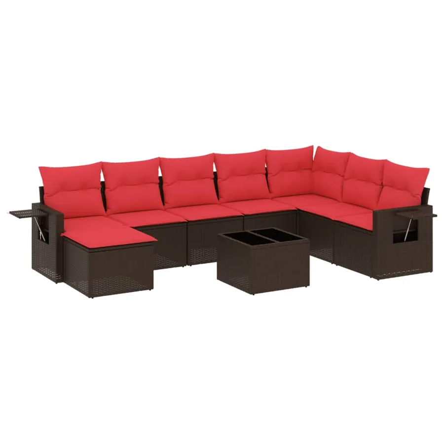 Ensemble de canapé de jardin 9 pcs avec coussins marron résine tressée - 2