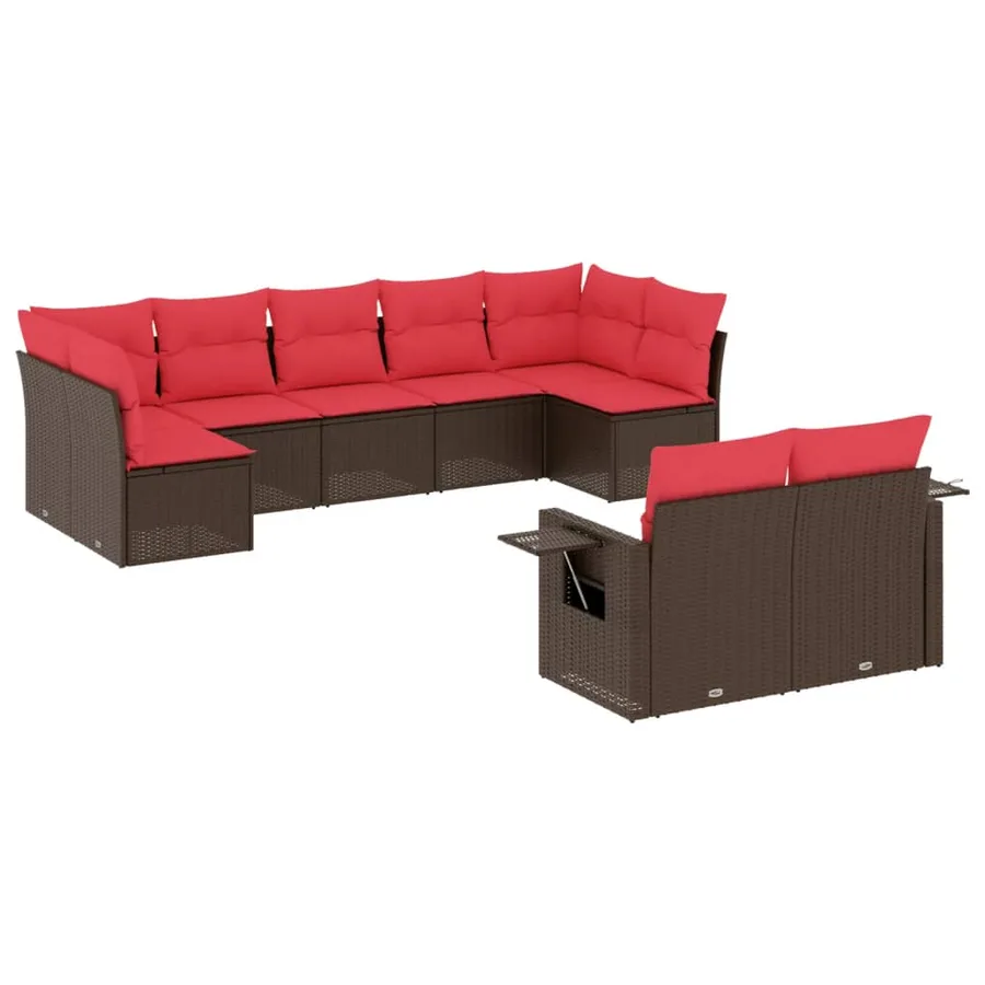 Ensemble de canapé de jardin 9 pcs avec coussins marron résine tressée - 2