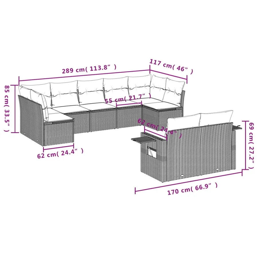 Ensemble de canapé de jardin 9 pcs avec coussins marron résine tressée - 8