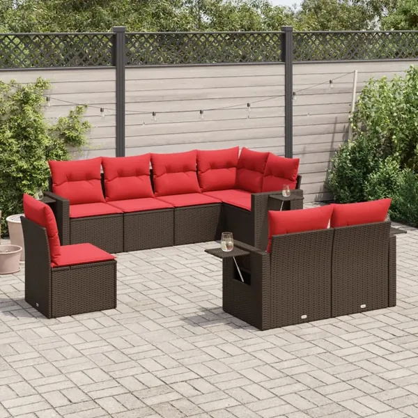 Ensemble de canapé de jardin 8 pcs avec coussins marron résine tressée