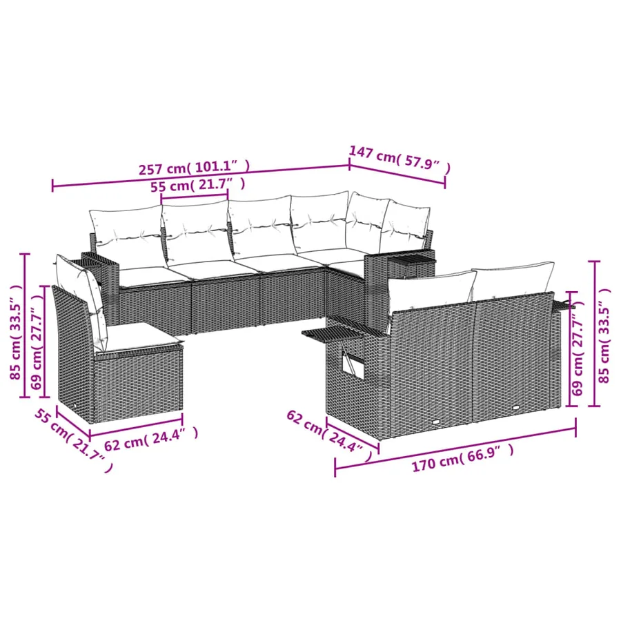 Ensemble de canapé de jardin 8 pcs avec coussins marron résine tressée - 8