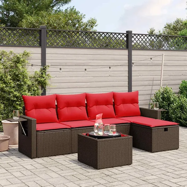Ensemble de canapé de jardin 6 pcs avec coussins marron résine tressée