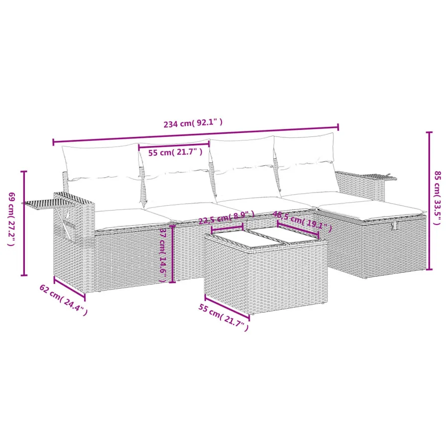 Ensemble de canapé de jardin 6 pcs avec coussins marron résine tressée - 4