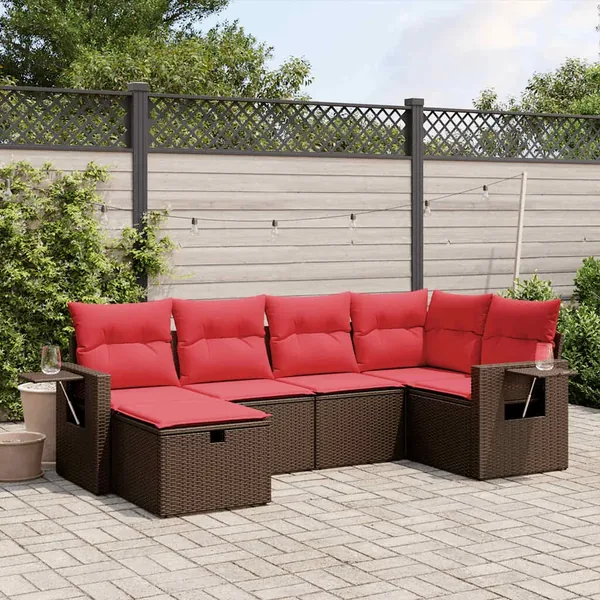 Ensemble de canapé de jardin 6 pcs avec coussins marron résine tressée