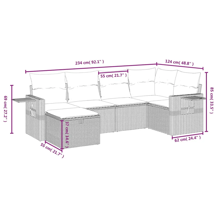 Ensemble de canapé de jardin 6 pcs avec coussins marron résine tressée - 4