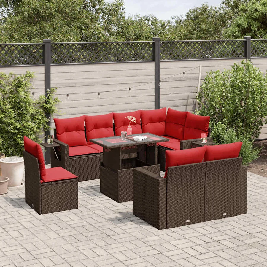 Ensemble de canapé de jardin 9 pcs avec coussins marron résine tressée