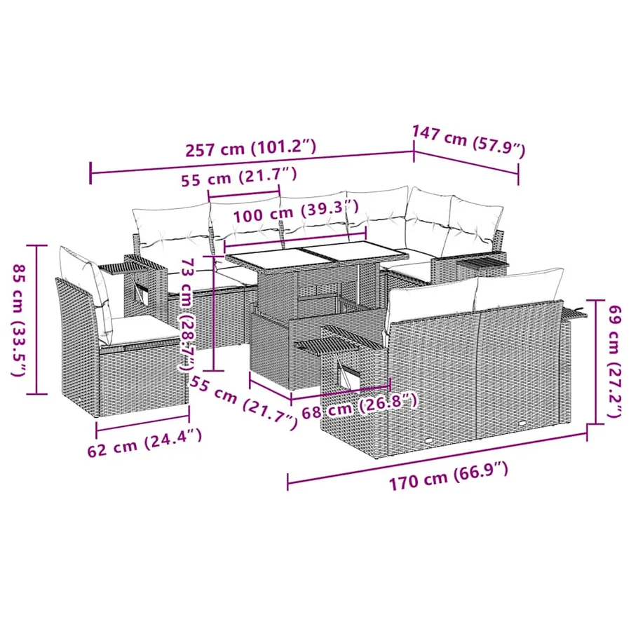 Ensemble de canapé de jardin 9 pcs avec coussins marron résine tressée - 11