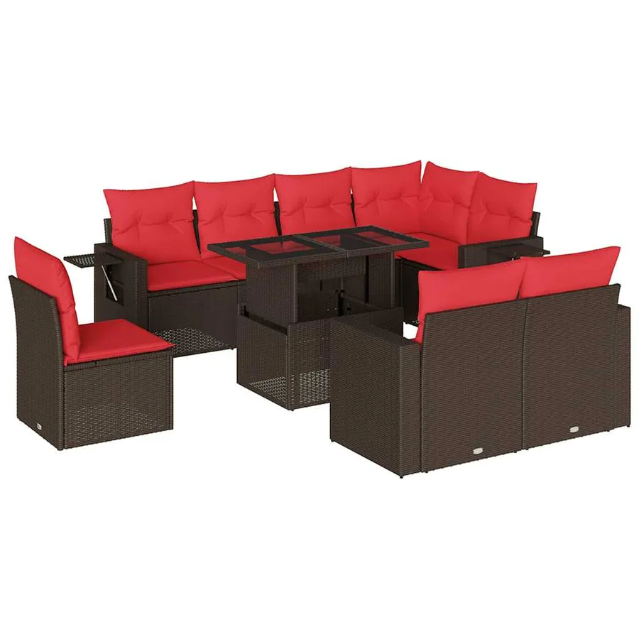 Ensemble de canapé de jardin 9 pcs avec coussins marron résine tressée - 2