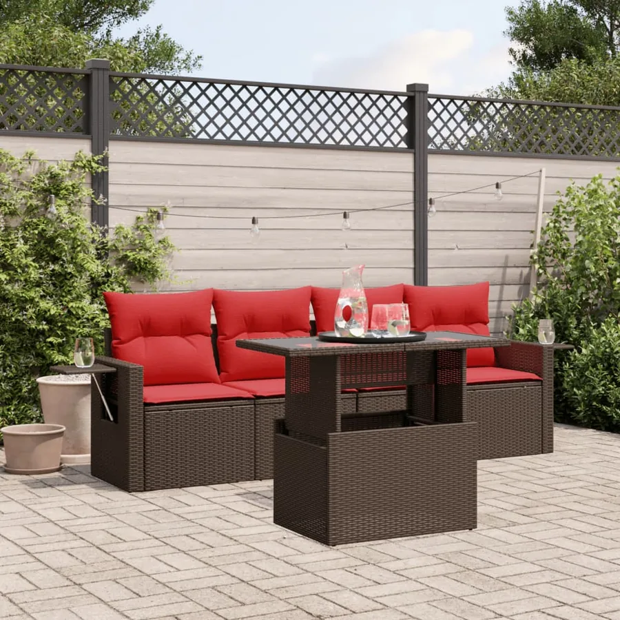 Ensemble de canapé de jardin 5 pcs avec coussins marron résine tressée
