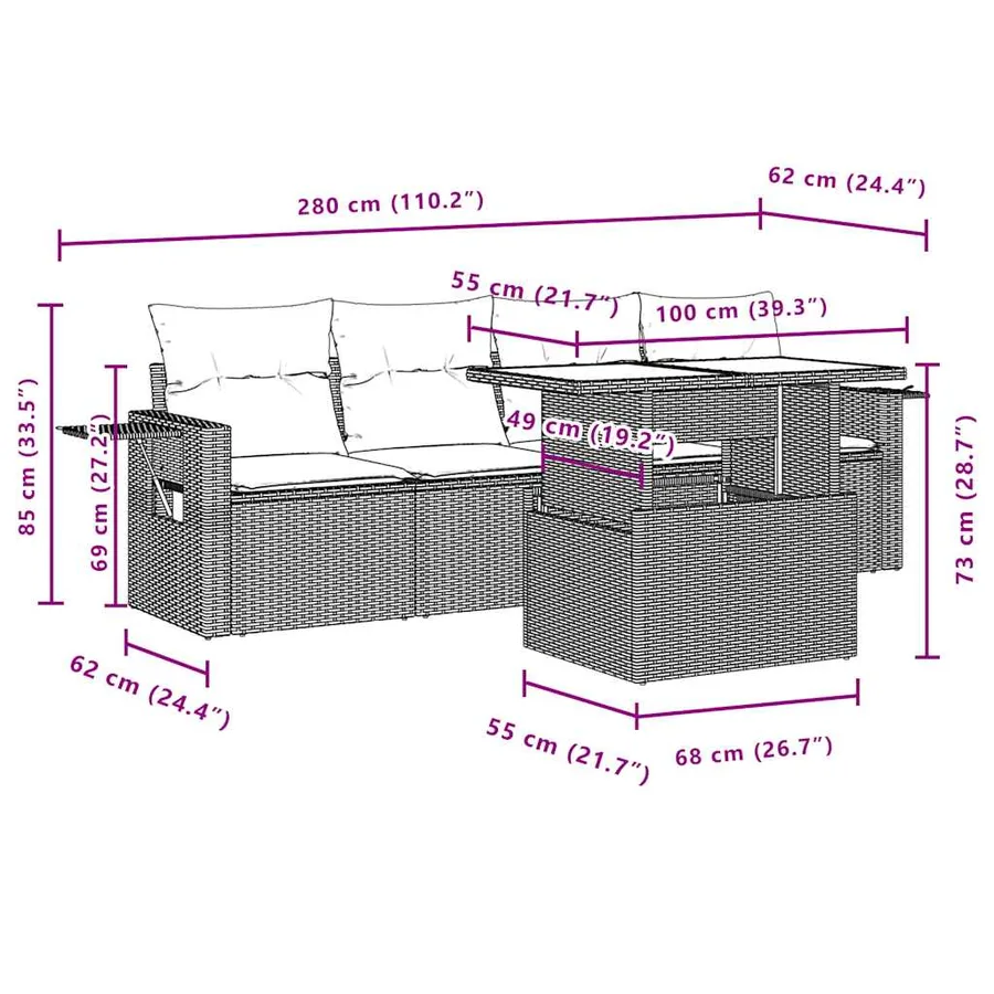 Ensemble de canapé de jardin 5 pcs avec coussins marron résine tressée - 10