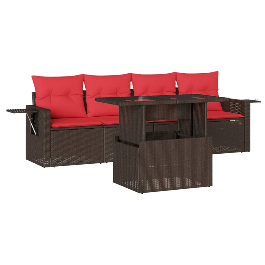 Ensemble de canapé de jardin 5 pcs avec coussins marron résine tressée - 2
