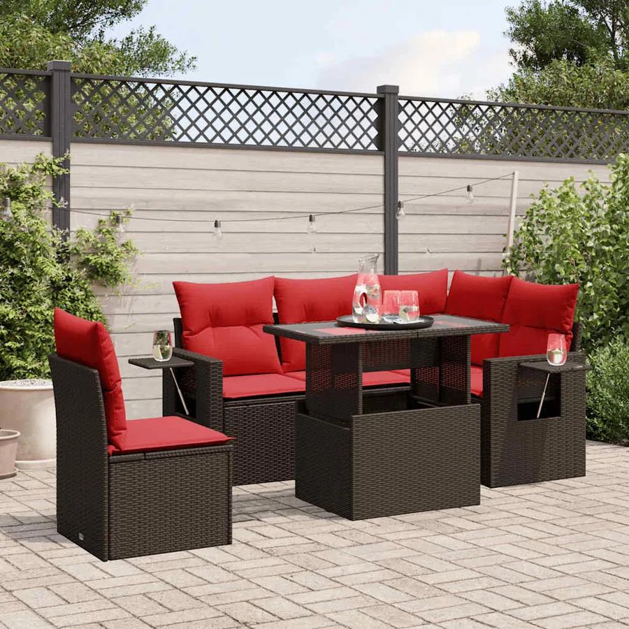 Ensemble de canapé de jardin 6 pcs avec coussins marron résine tressée