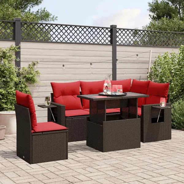 Ensemble de canapé de jardin 6 pcs avec coussins marron résine tressée