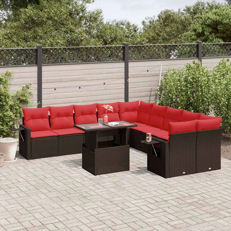 Ensemble de canapé de jardin 11 pcs avec coussins marron résine tressée