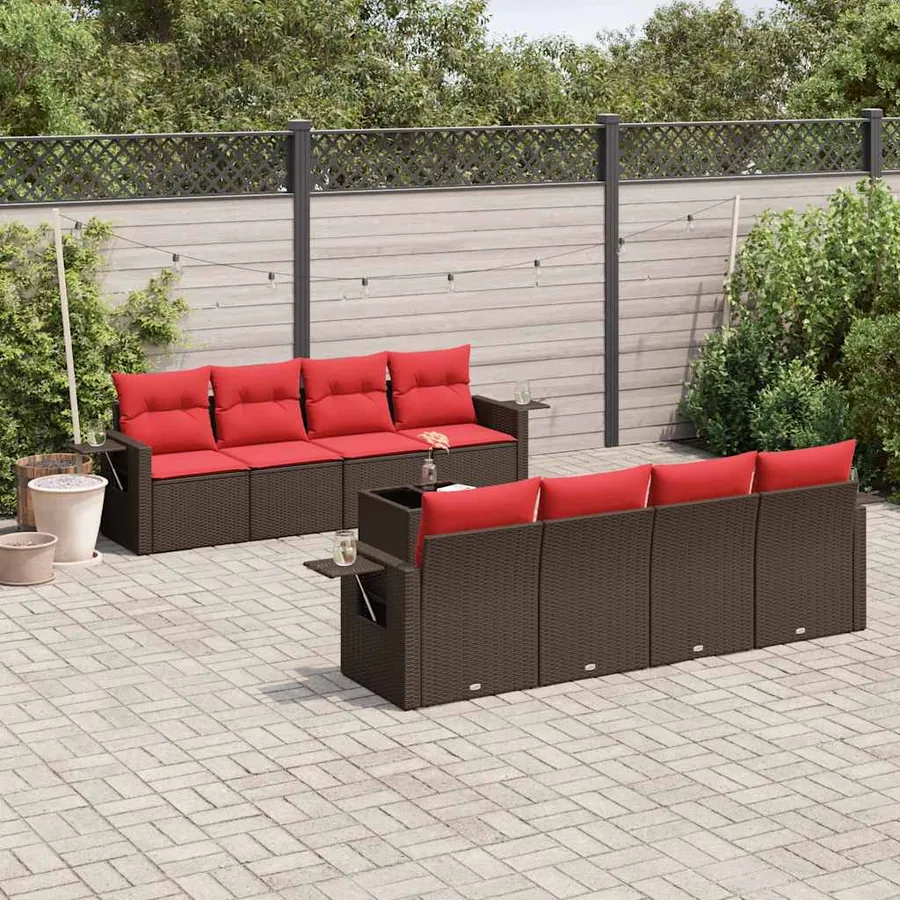 Ensemble de canapé de jardin 9 pcs avec coussins marron résine tressée