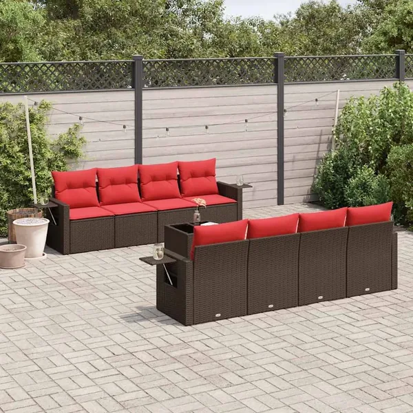 Ensemble de canapé de jardin 9 pcs avec coussins marron résine tressée