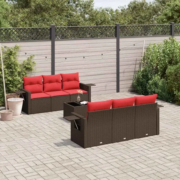 Ensemble de canapé de jardin 7 pcs avec coussins marron résine tressée