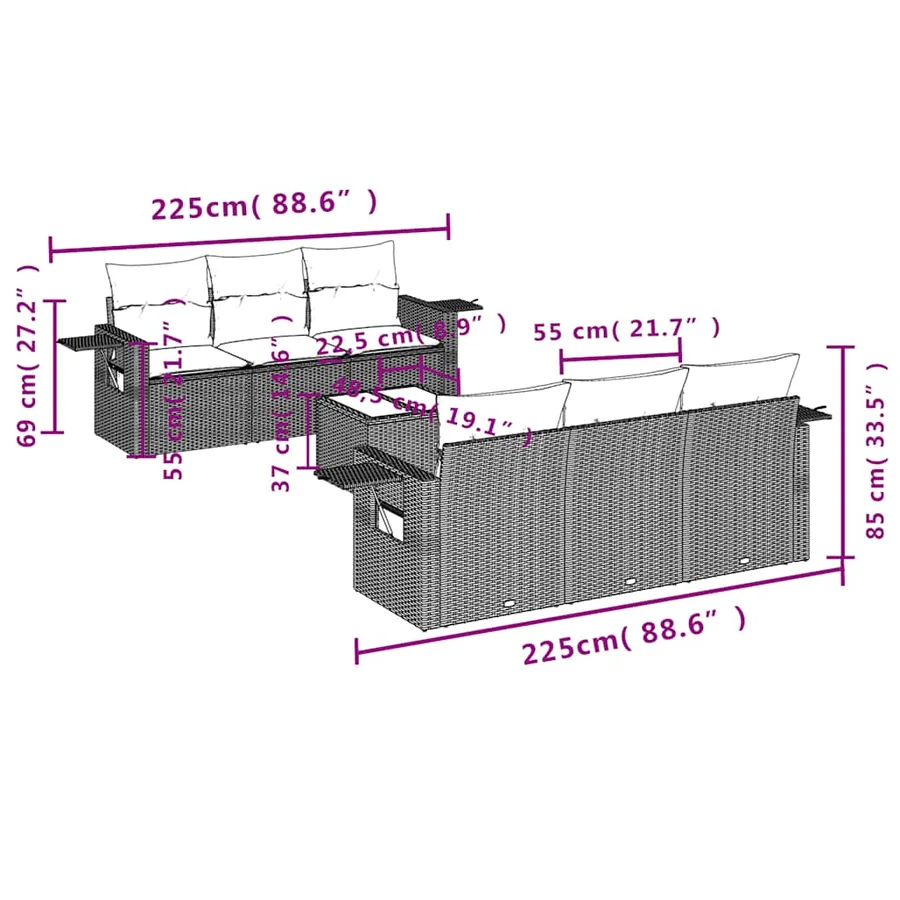 Ensemble de canapé de jardin 7 pcs avec coussins marron résine tressée - 8