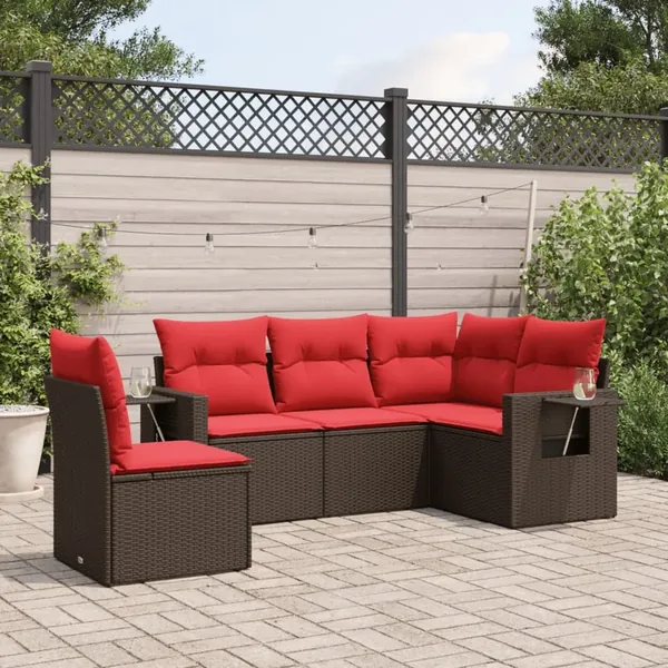 Ensemble de canapé de jardin 5 pcs avec coussins marron résine tressée