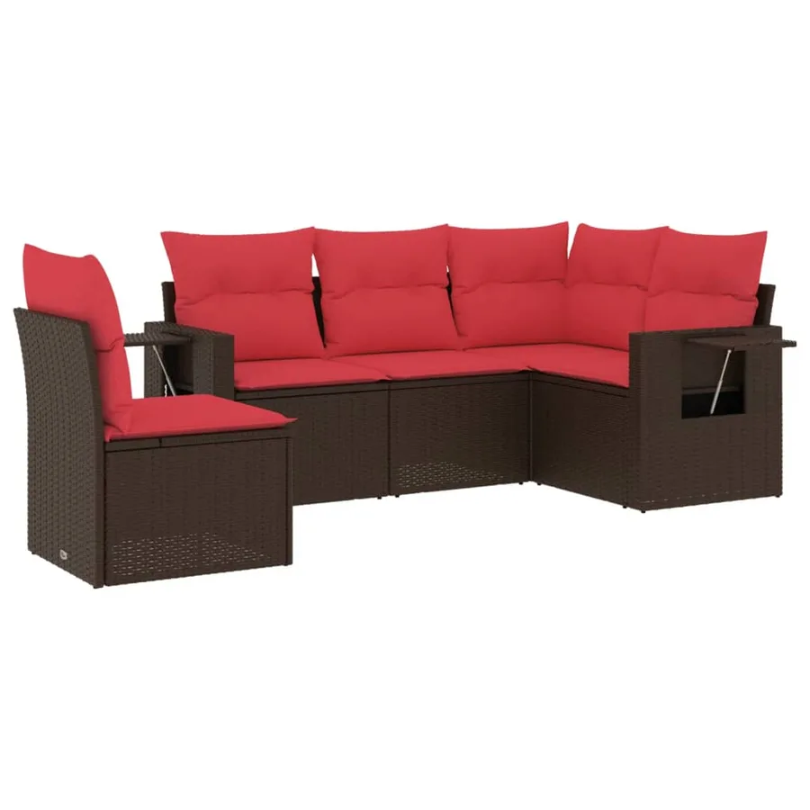 Ensemble de canapé de jardin 5 pcs avec coussins marron résine tressée - 2